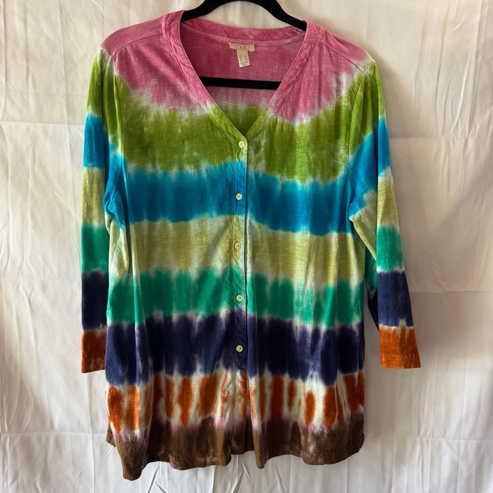 LOGO Layers Lori Goldstein Tie-Dye Button Front 3/4 Sleeve Top Cardigan Large